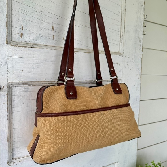 VINTAGE,AIGNER, CANVAS & LEATHER SHOULDER/ SATCHEL BAG.TAN WITH BURGUNDY LEATHER - Picture 6 of 13